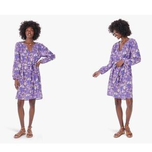 XIRENA Nyssa Purple Gaze Floral Long Sleeve V-Neck Smocked Mini Dress Cotton S‎